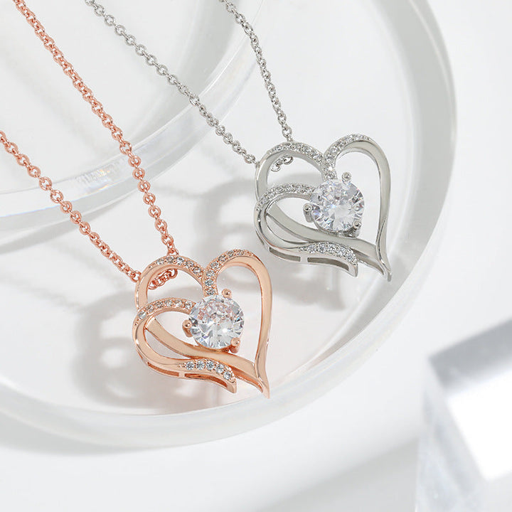 Double Heart Necklace with Zirconia – Adjustable Women's Necklace