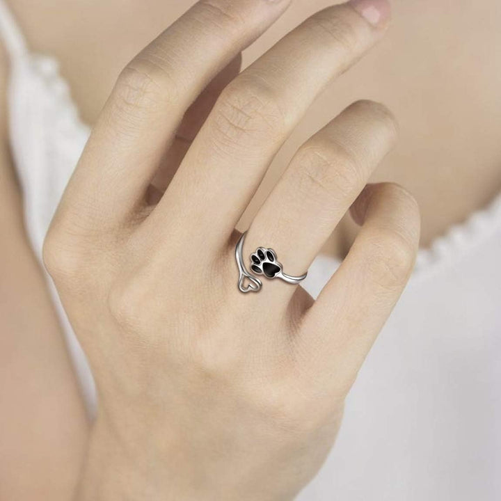 Handcrafted Paw Print Heart Sterling Silver Adjustable Ring