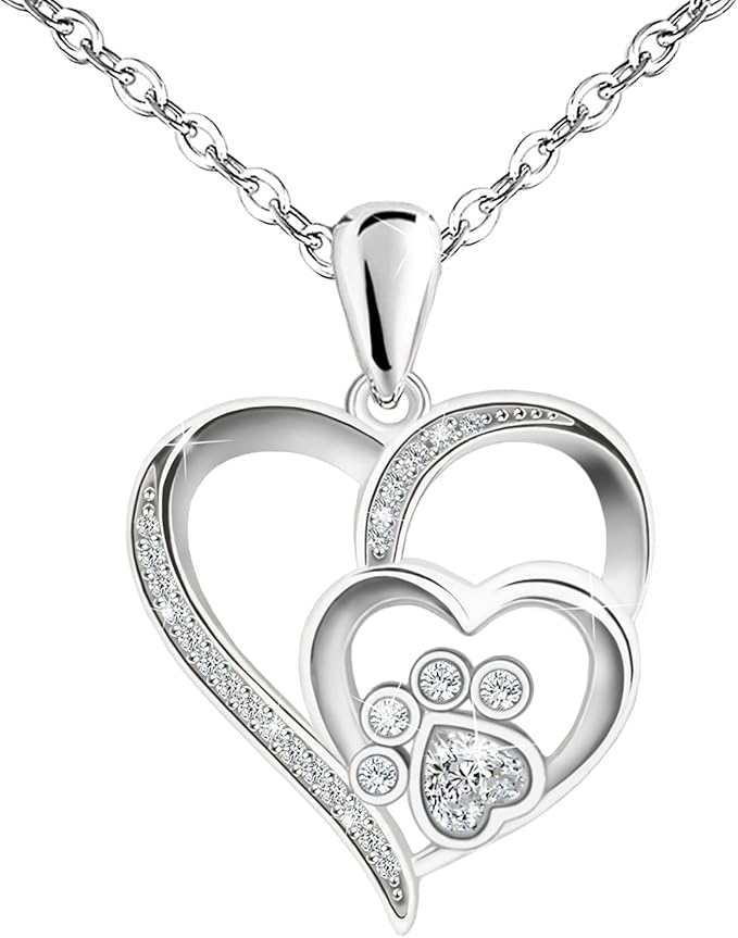 Paw Necklace for Women – Sterling Silver Heart Pendant with Paw Print and Zirconia