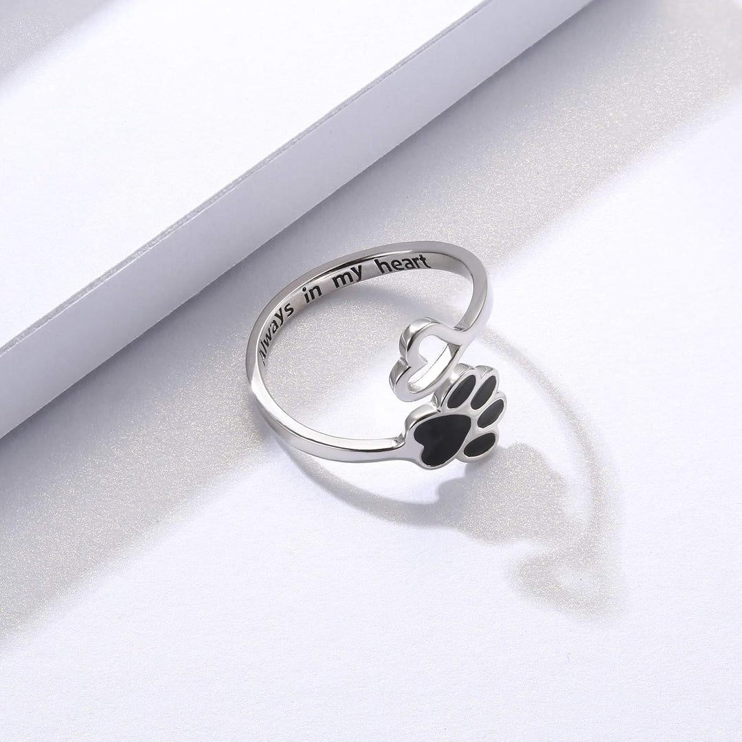 Handcrafted Paw Print Heart Sterling Silver Adjustable Ring