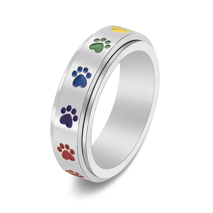 Rotatable Anti-Stress Ring with Paws – Stainless Steel Ring with Rainbow Colors