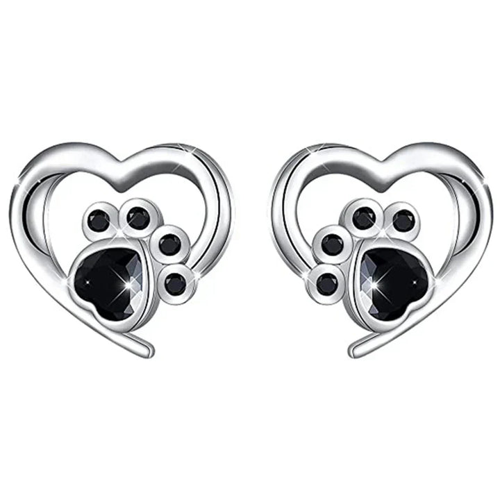 Heart Paw Stud Earrings – Silver-Colored Earrings with Black Crystal