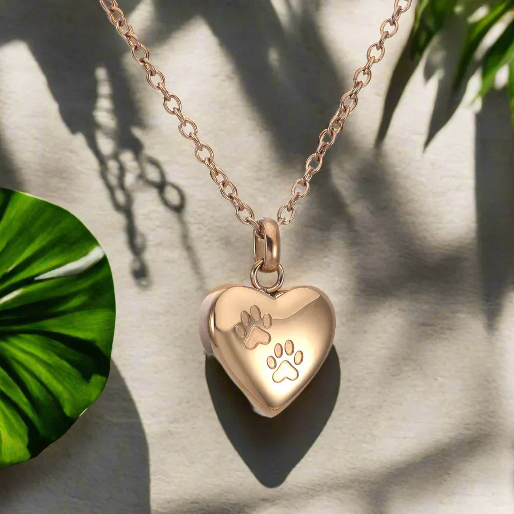 Memorial Necklace with Paw Heart – Stainless Steel Urn Pendant