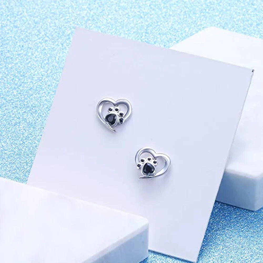 Heart Paw Stud Earrings – Silver-Colored Earrings with Black Crystal