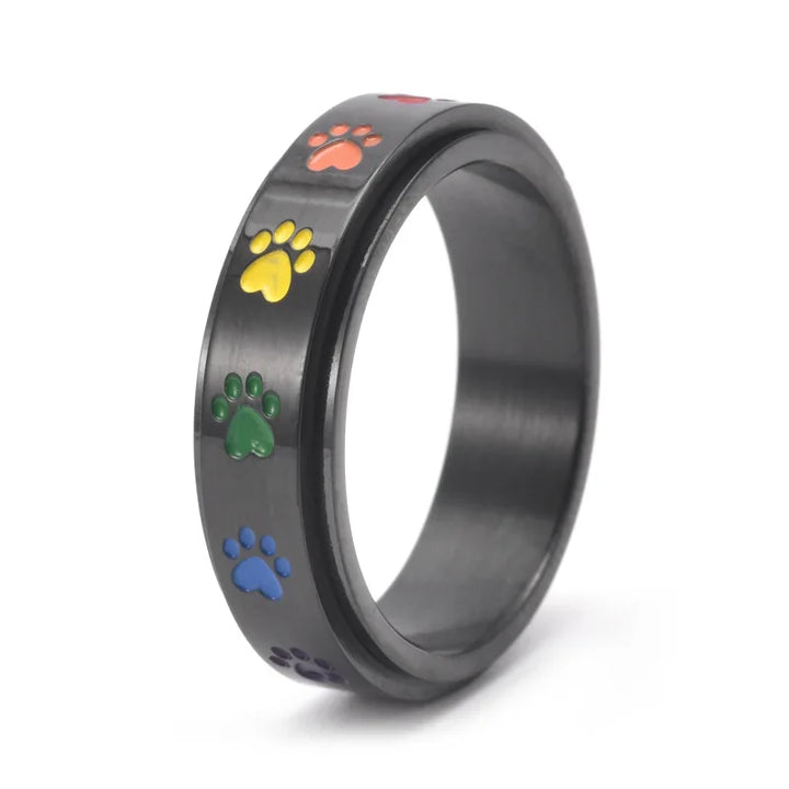 Rotatable Anti-Stress Ring with Paws – Stainless Steel Ring with Rainbow Colors