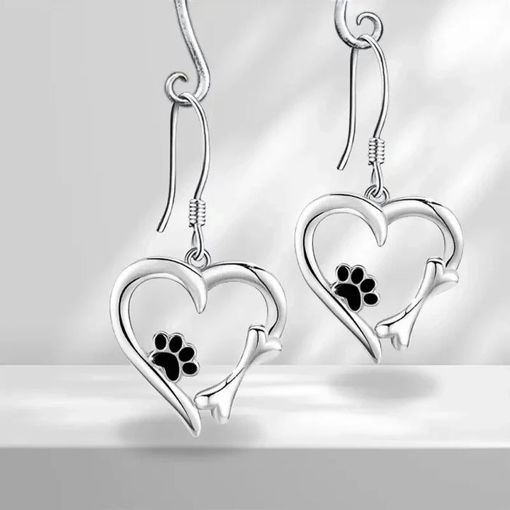 Heart-Shaped Dangle Earrings with Paw Print – Playful Silver Jewelry