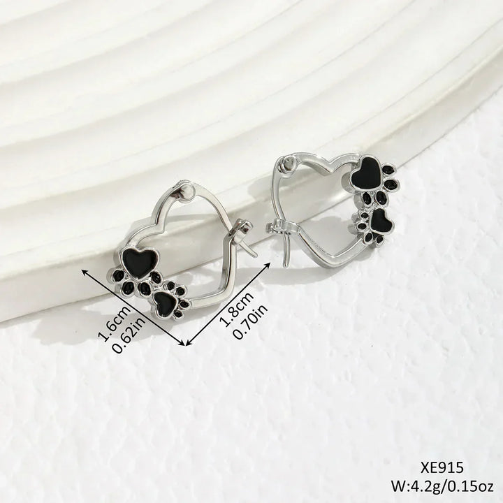 Heart-Paw Hoops – Silver Animal Motif Earrings with Black Enamel Design
