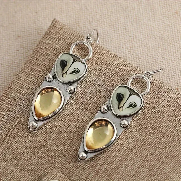 Owl Earrings with Champagne-Colored Drop Stone
