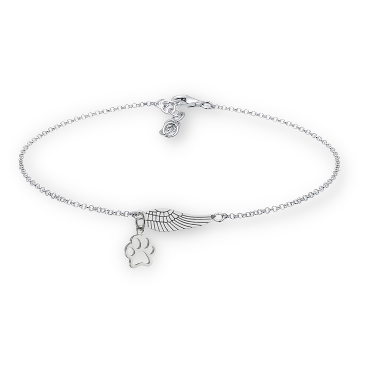 Silver Memorial Bracelet with Angel Wings & Paw Print | Handmade